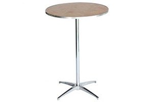 Wood cocktail table with metal trim and a white background.