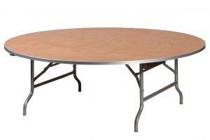 Large 60 inch wood round table with metal trim in front of a white background.