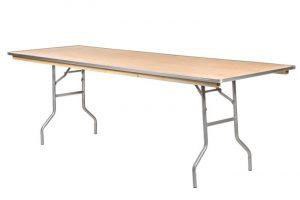 96 inch by 30 inch wood rectangular table with metal trim in front of a white background.